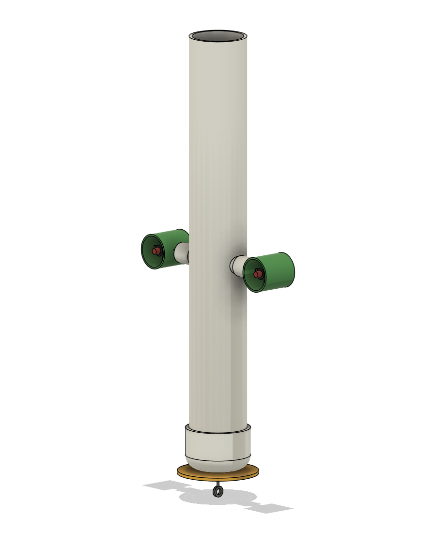 Render of the hull module: the pipe with its bottom cap, skirt disc and eye bolt, and a thruster pod on each strut stub.