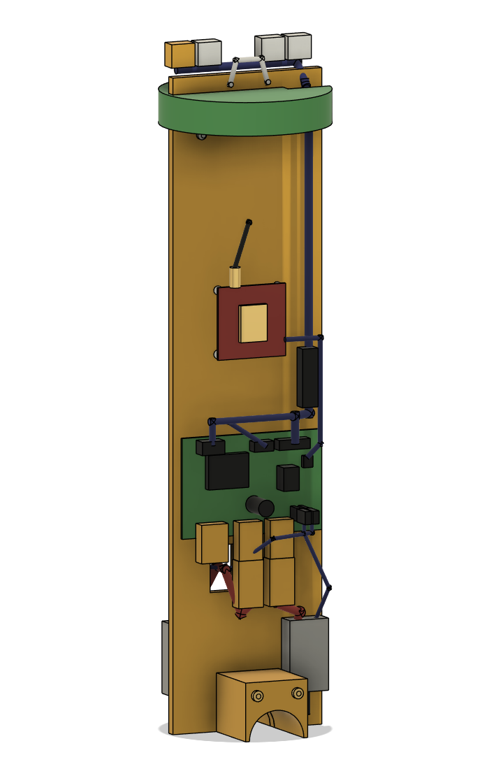 Render of the electronics sled: a plate carrying the compass, the carrier board, the GPS board and both motor controllers.